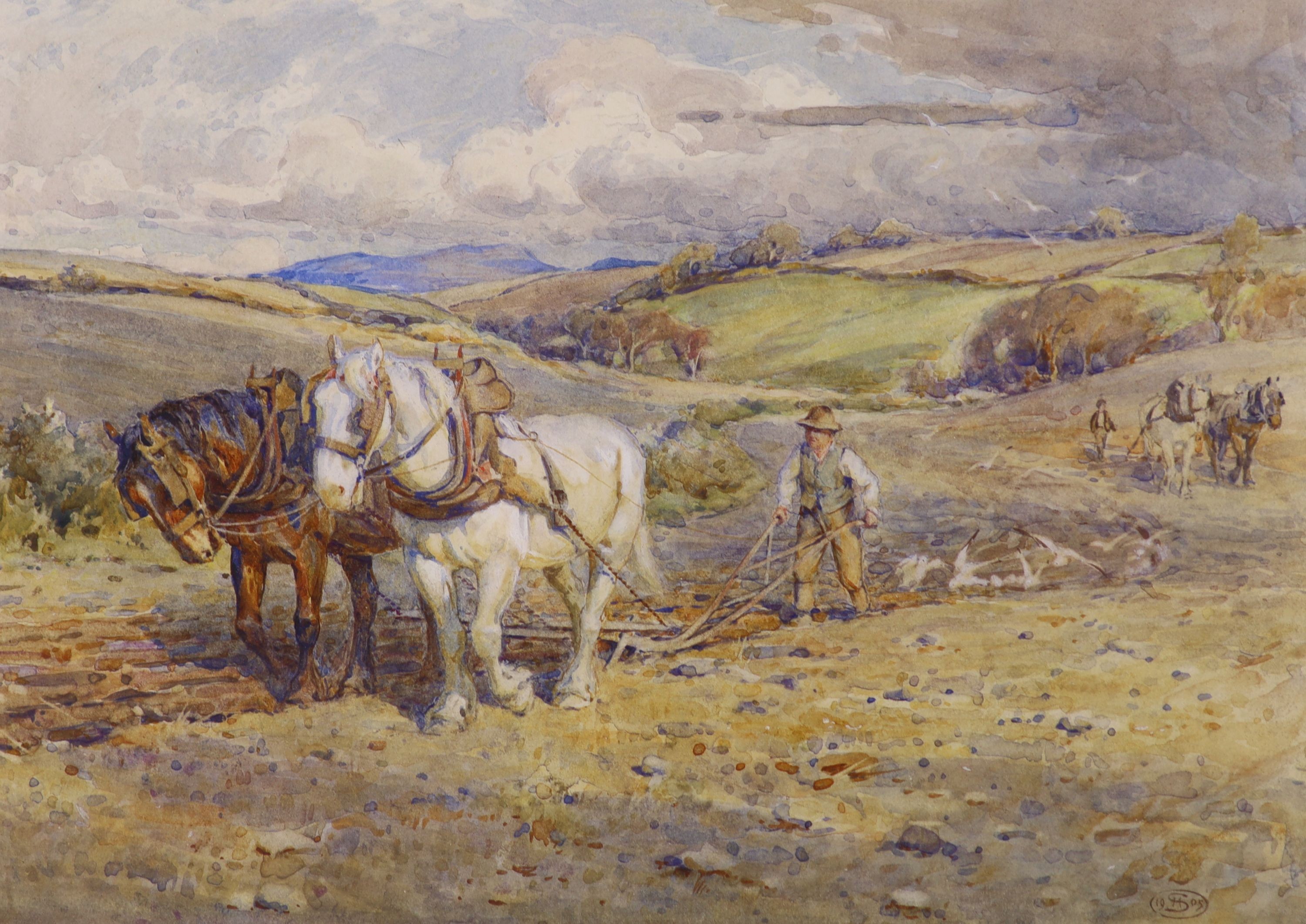 Joseph Harold Swanwick (1866-1929), 'Ploughing', pencil and watercolour, 18 x 25cm